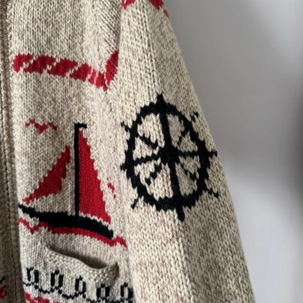 Vintage Sailing Wool Knit Cowichan Zip Cardigan 1950-70s cream red black - Picture 7 of 8